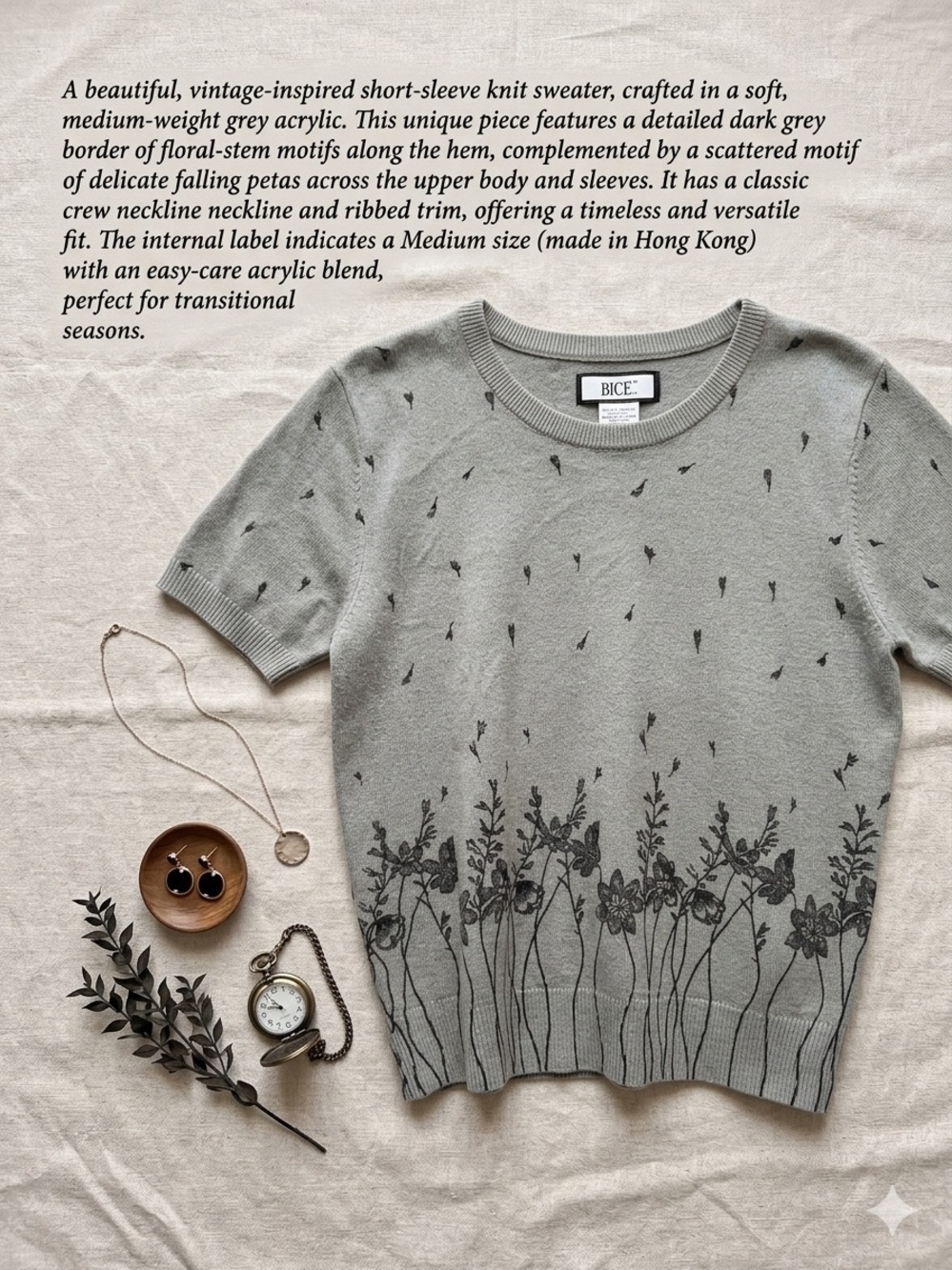 BICE Grey Floral Short-Sleeve Knit Sweater